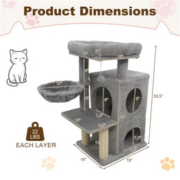 Light Gray 33.5" Multi-Level Cat Tree With 2-Tier Condo, Sisal Scratching Posts & Anti-Toppling Device For Cats
